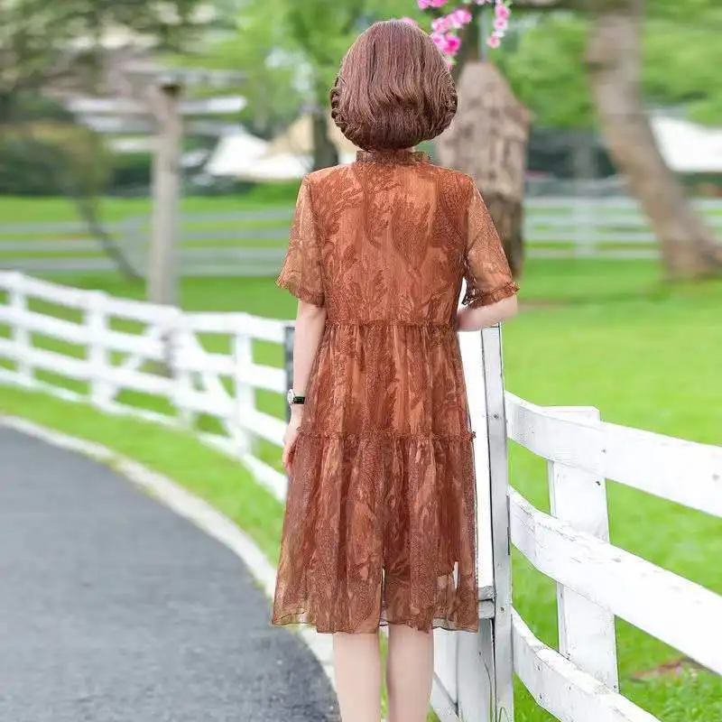 Vintage Printed Gauze Spliced Dresses Casual Drawstring Summer O-Neck Ruffles Female Clothing Fashion Short Sleeve Midi Dress