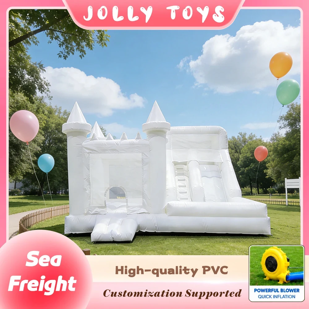 

Indoor Outdoor Inflatable Slide Bouncer Jumping Castle Set with Blower Included White Inflatable Castle Perfect for Kids' Party