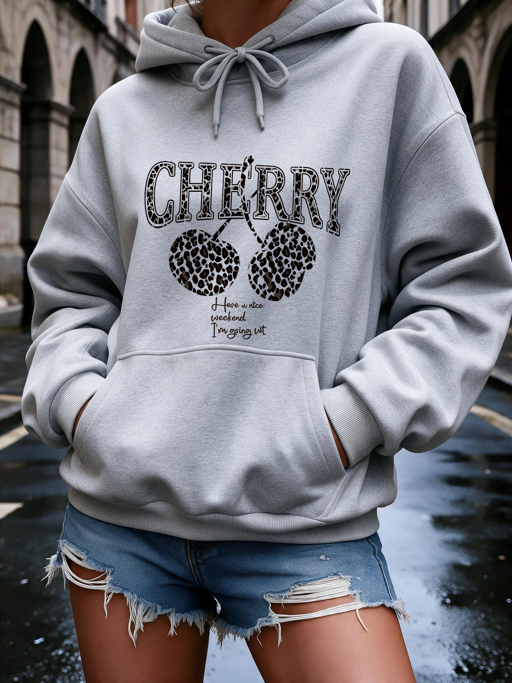 Fashion Pocket Hoodies with Leopard Print Cherry and Letter Women's Vintage Style Graphic Sweatshirts Causal Pullovers Clothes