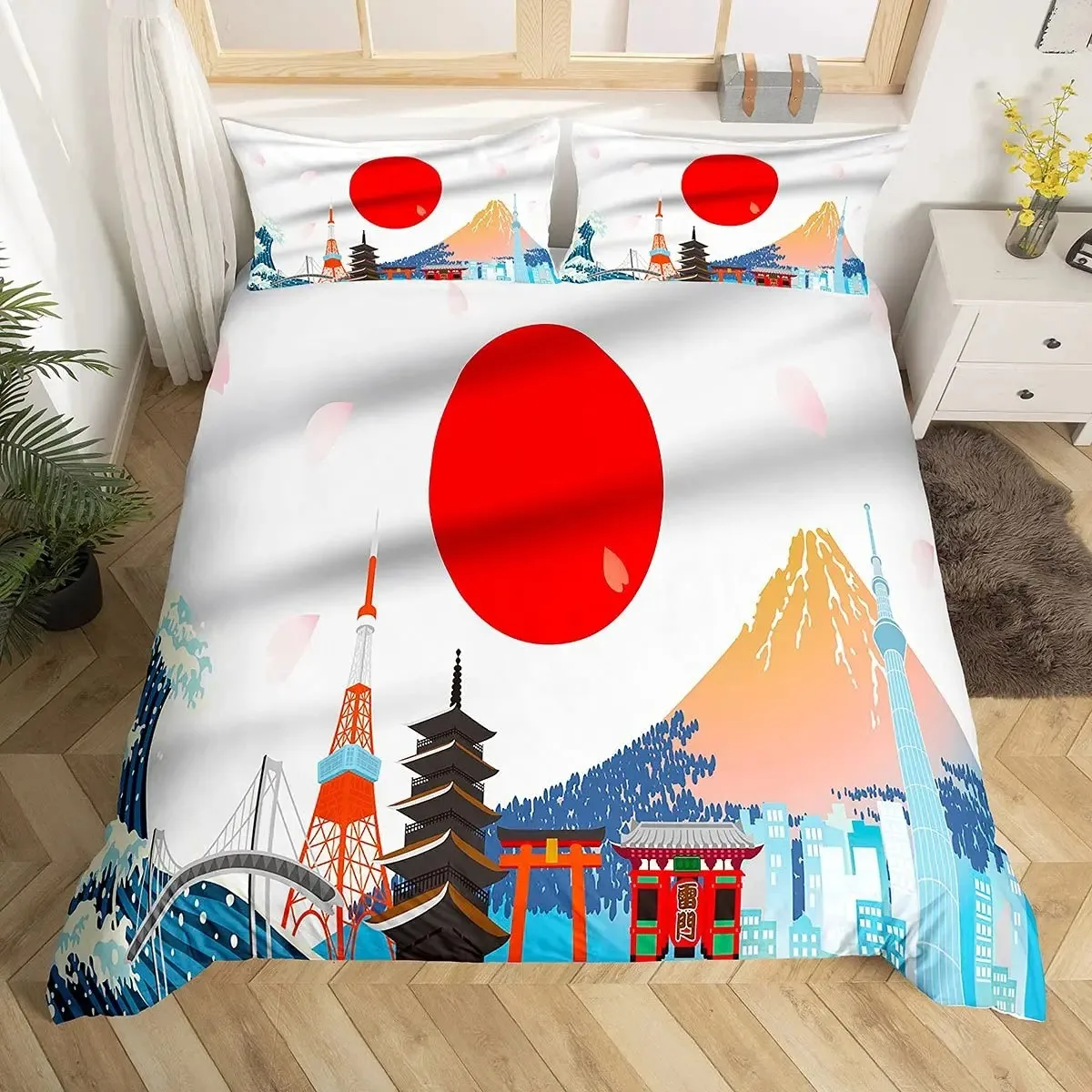 Japanese Wave Duvet Cover Set, Sea Storm In Japan Traditional Drawing Foamy Waves,Bedding Set Full Size,Earth Yellow Dark Blue