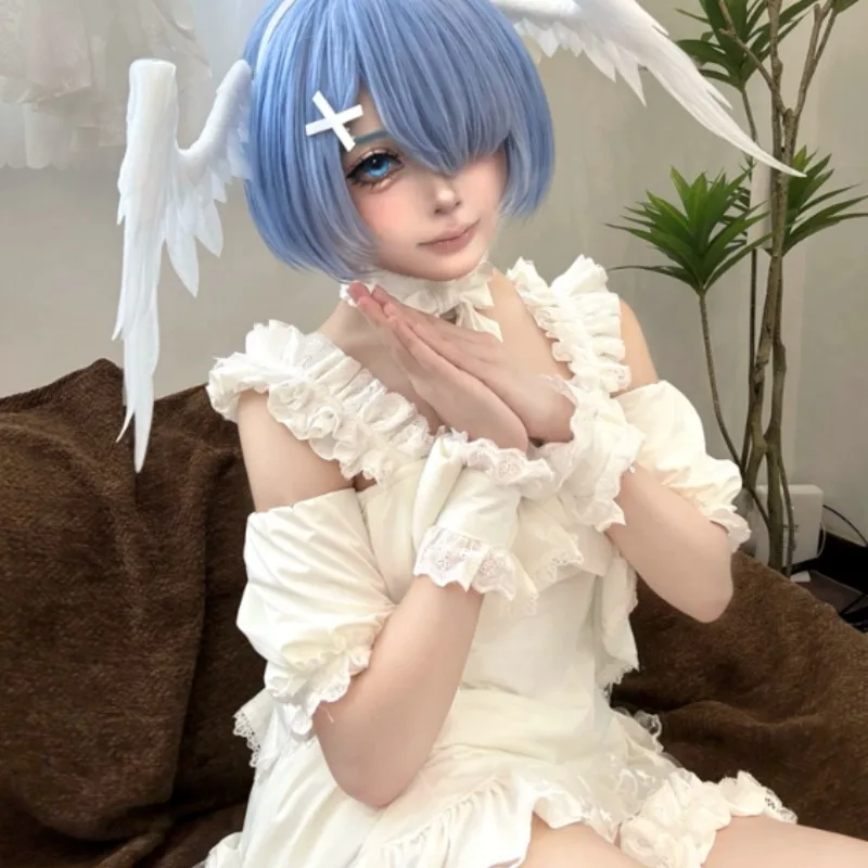 Ram Rem ReZero 코스프레 의상 흰색 잠옷 스위트 엔젤 파자마 레이스 트림 프릴 밑단 여성용 컨벤션