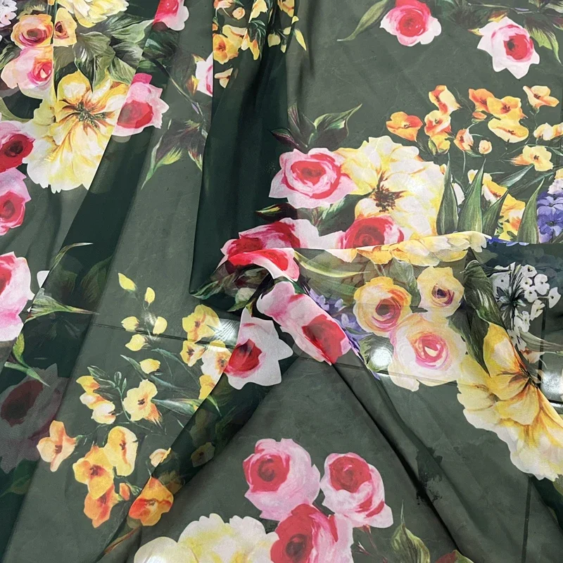 Black Background Color Rose Digital Printing Pattern Chiffon Simulation Silk Satin Material Fabric Clothing Dress DIY Fabrics