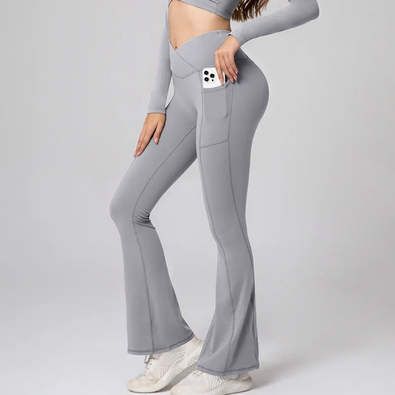High Waist Crossover Flare Yoga Pants with Pockets, Tummy Control Bootcut Leggings for Women, Workout Gym Leggings
