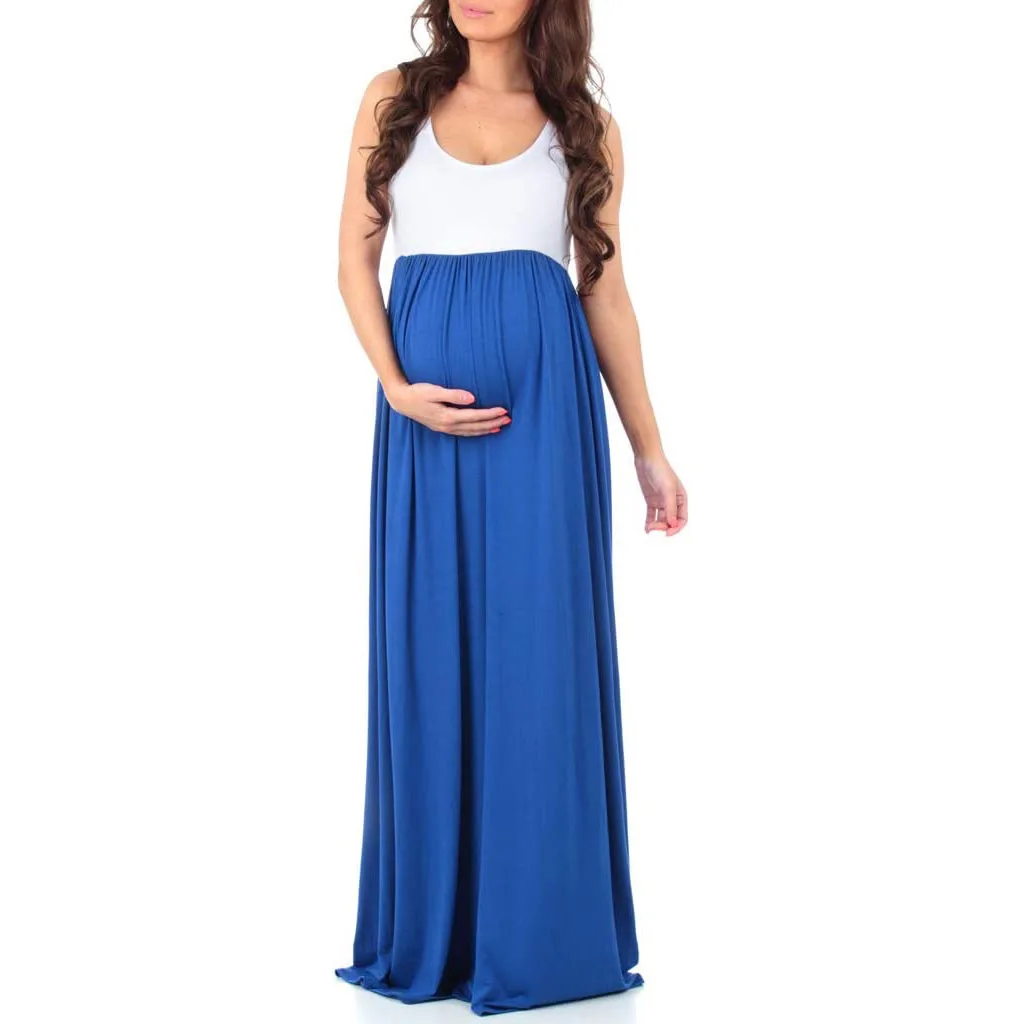 New Summer Casual Dresses For Pregnant Ladies Premama Contrast Color Beachwear Maxi Dress Maternity Gown Pregnancy Women Clothes