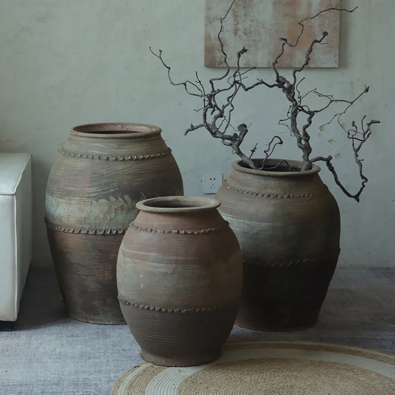 Floor-to-ceiling large pottery pot, coarse pottery pot, wabi-**** wind B & B decorative pottery, medium and ancient style potter