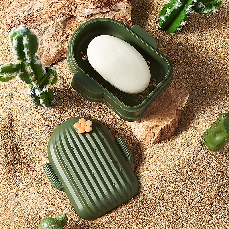 Caja de jabón creativa con forma de Cactus, 1 piezas, soporte de esponja para jabón de lavandería, almacenamiento de baño, estuche portátil de viaje impermeable para jabón