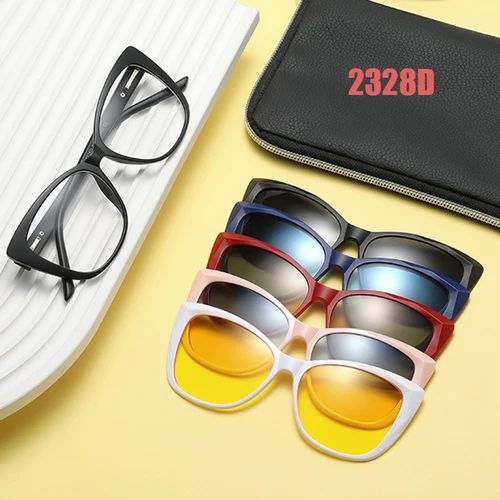 Montura de gafas para mujer con 5 uds Clip en gafas de sol polarizadas gafas magnéticas gafas masculinas UV400 2328D