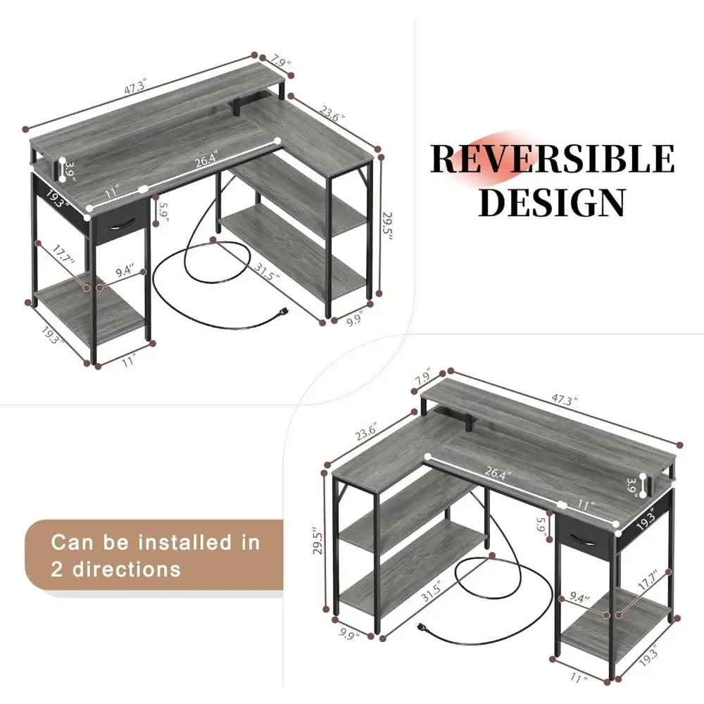 L Shaped Gaming Desk with LED Lights & Power Outlets, Reversible Computer Desk with Shelves, Corner Desk Home Office Desk, Black