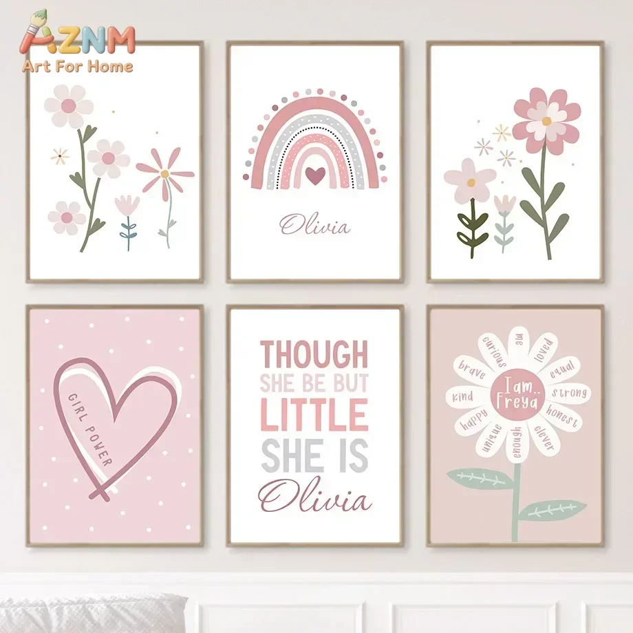 AZNM Pink Floral Girl Power Canvas Wall Art, Boho Rainbow Daisy Heart Quote Print Poster, Unframed Single Piece Nursery Decor Pa