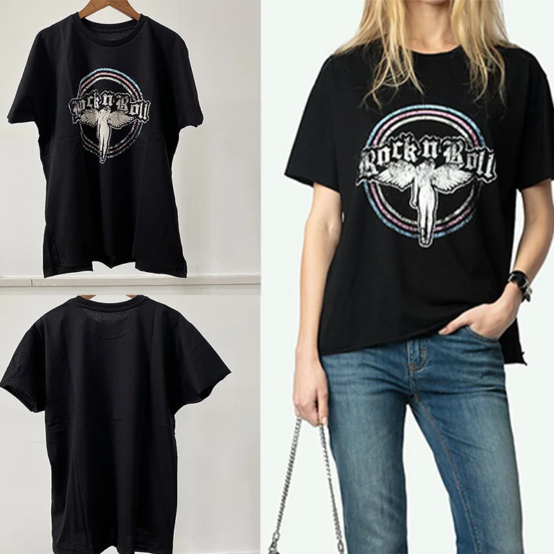 

Хлопковая футболка с круглым вырезом, женская черная футболка с ангелом и бриллиантами, женская футболка с коротким рукавом, женские повседневные летние свободные пуловеры, топы