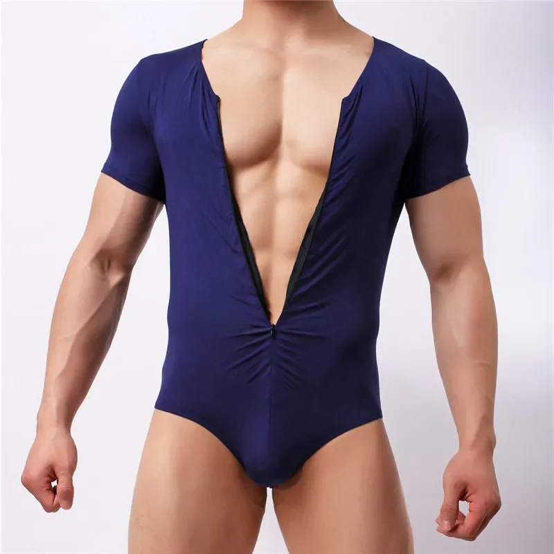 Mens Jockstrap Bodysuits Zipper Body Shaper Bodybuilding Jumpsuits One-piece Corset Shorts Sleeve Modal Fitness Undershirts