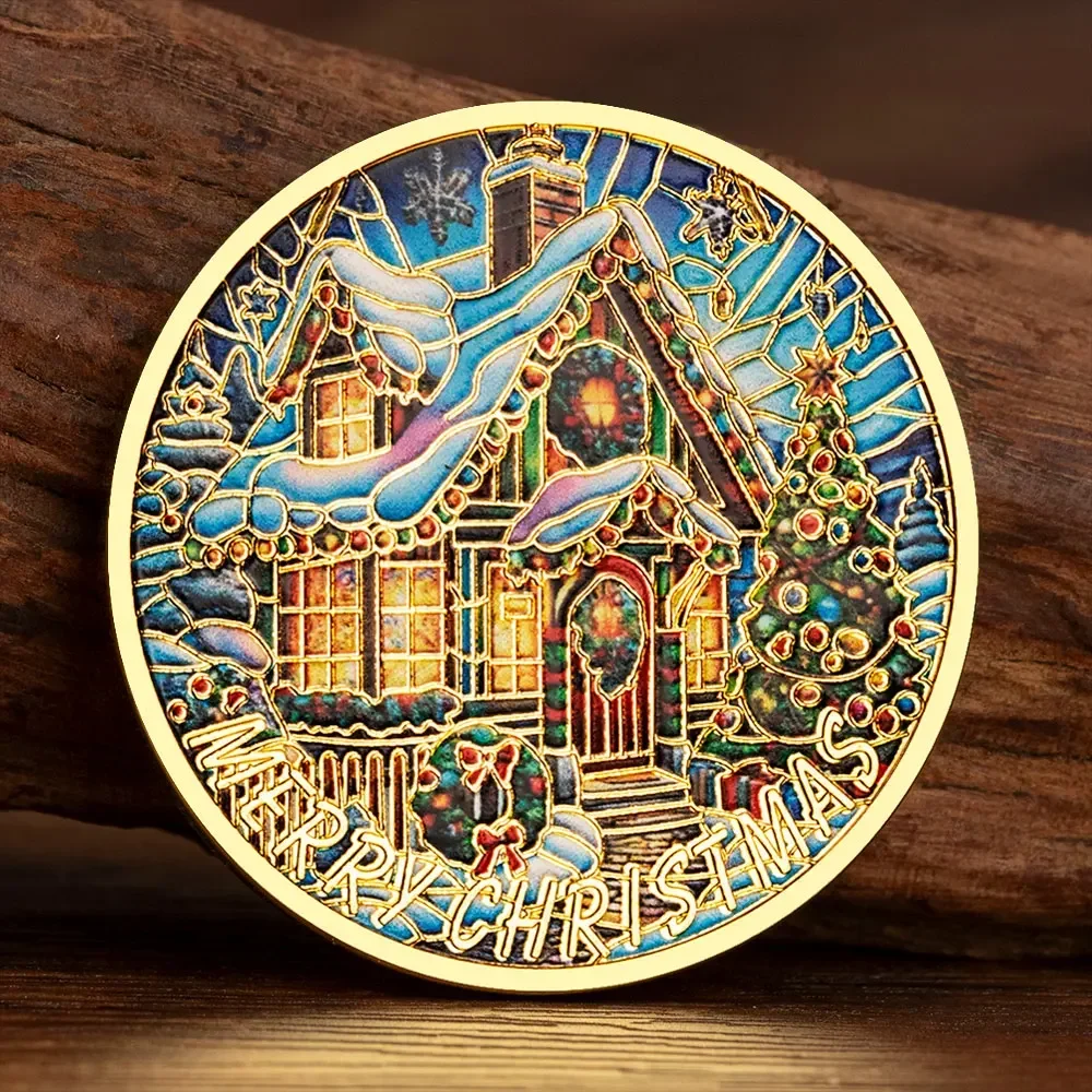 Christmas House in The Snow and Xmas Tree Golden Plated Commemorative Holiday Collectible Coins Home Decortion