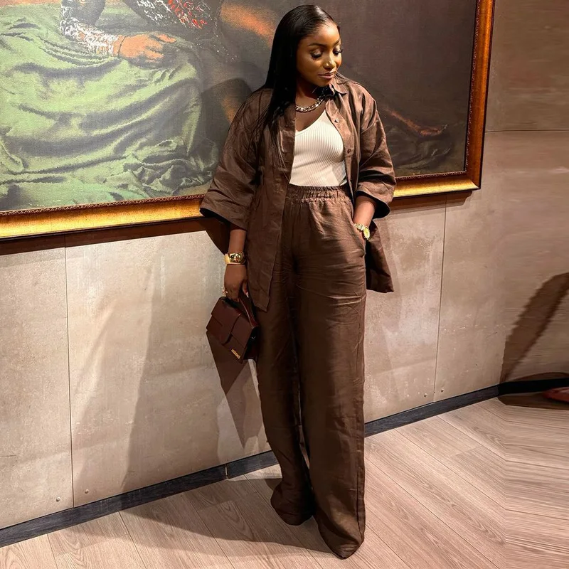 

Spring Summer Loose Oversize Sleeve Shirt Long Pants 2 Piece Sets 2026 Cotton Linen Set Women Casual Office Ladies Trousers Suit