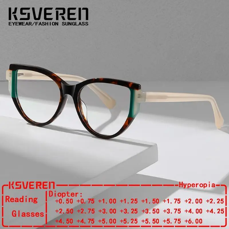 

KSVEREN Acetate Fibre Frame Reading Glasses Custom Glasses Cat Eye Women Presbyopic Reader Prescription Optical Eyeglasses Frame