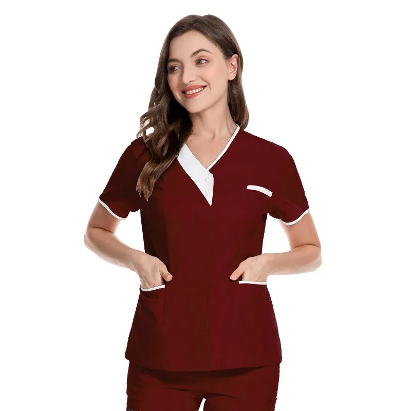 

Hospital Nursing Uniform Women Scrubs Tops Solid Color Short Sleeve Carer Nurse Working Uniforms Blouse Pullovers For Female