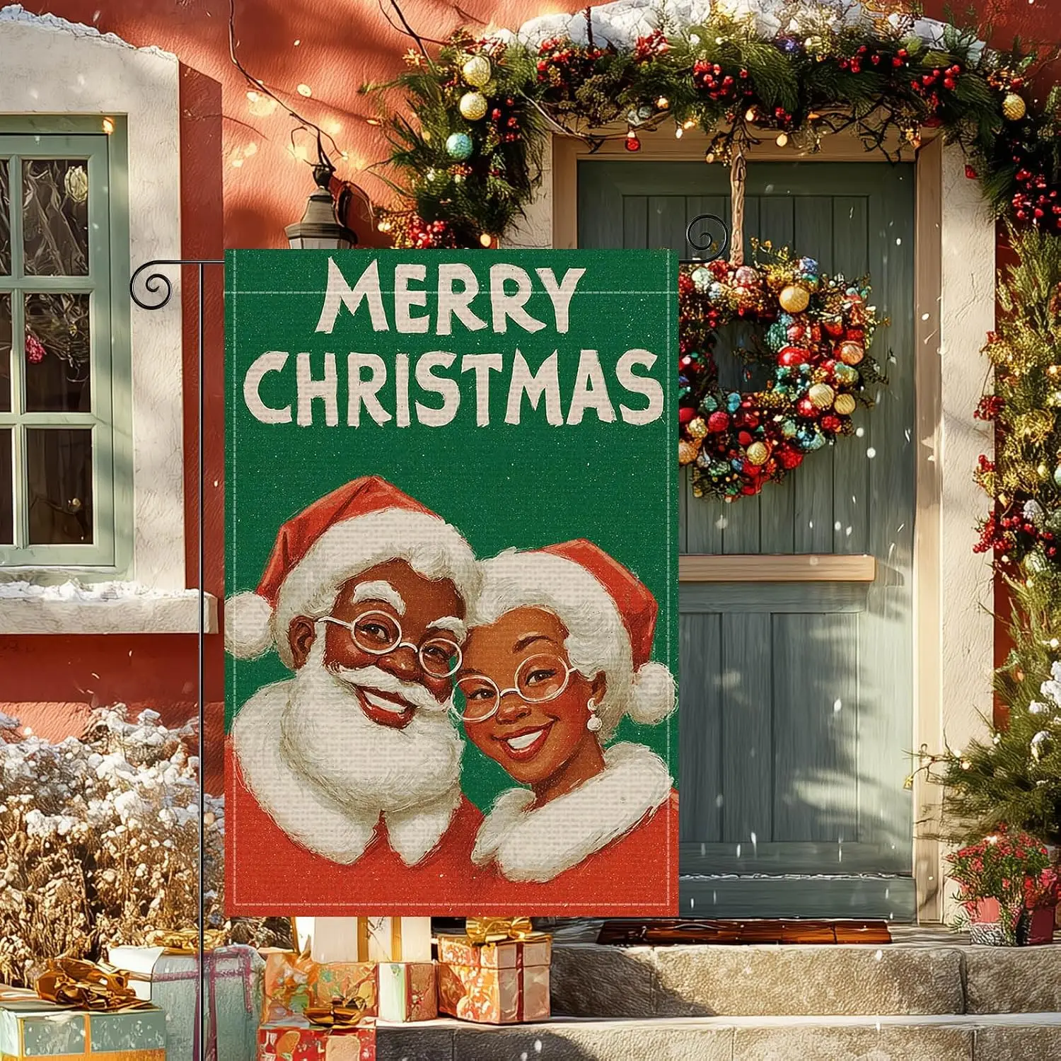 Christmas Santa Garden Flag 12x18 Inch Burlap Double-Sided
