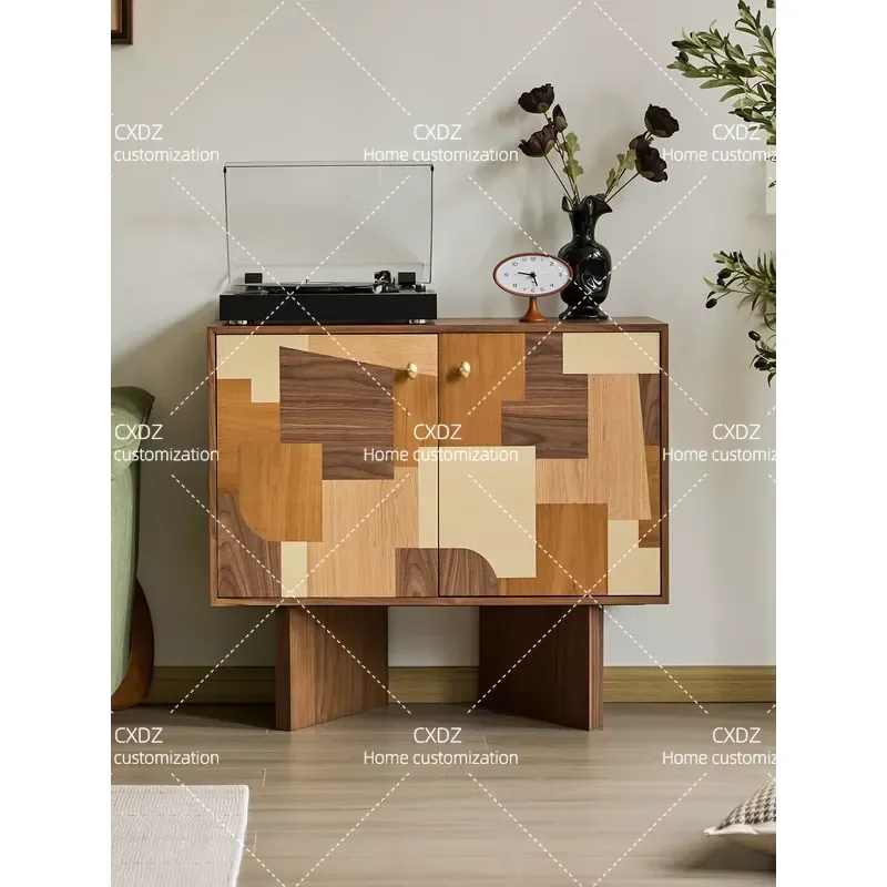 Pure Solid Wood Side Cabinet Antique Black Walnut Storage Locker for Living Room Sofa Entrance Tea Cabinet