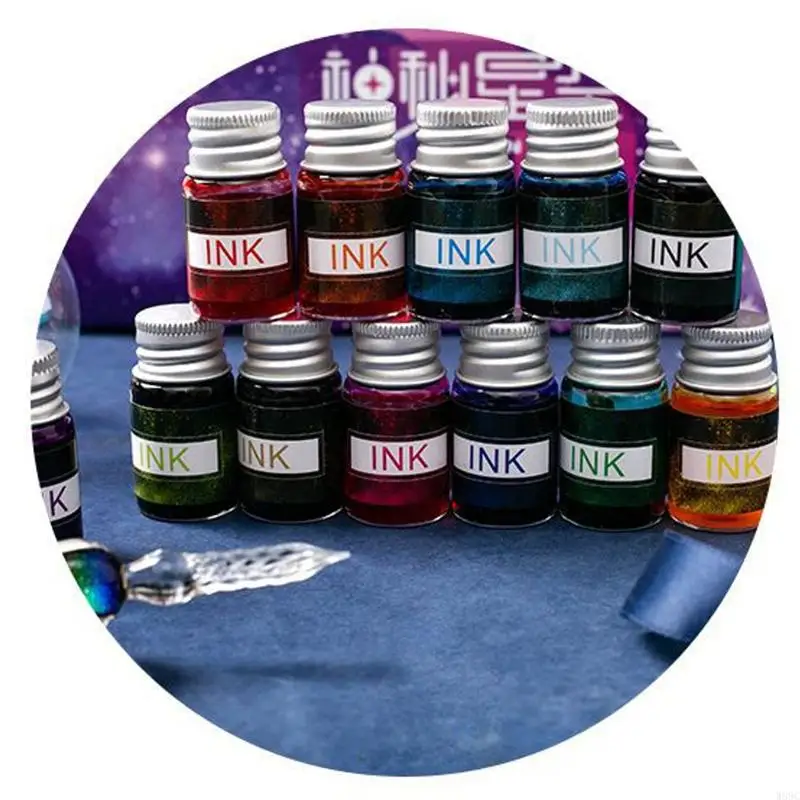 W89C 15 pezzi Crystal Glass Reg Reput Set Glitter Dip Pen con inchiostro a 12 colori per bambino