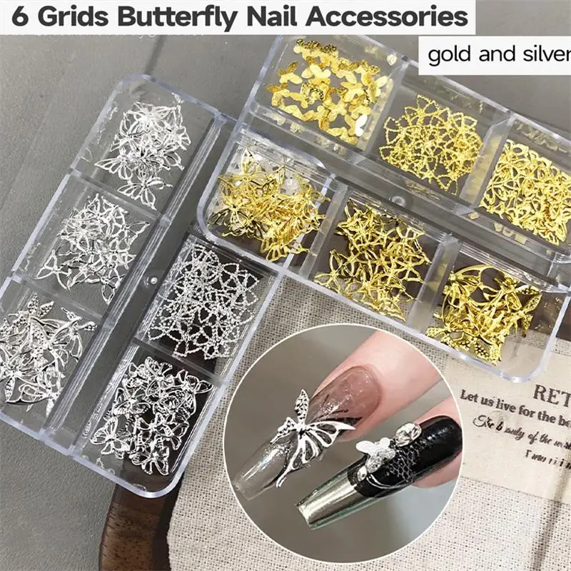 6 grilles 3D Rivet papillons Vintage Style européen décors d'ongles or/argent creux papillon Nail Art bricolage scintillant ongles Accents *