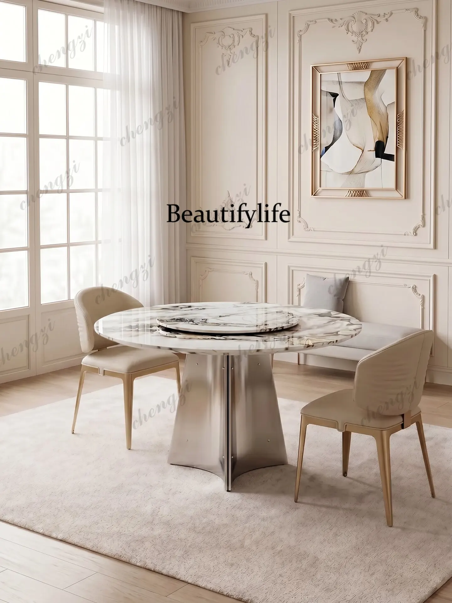 White luxury stone dining table household light luxury simple natural marble round table villa dining table