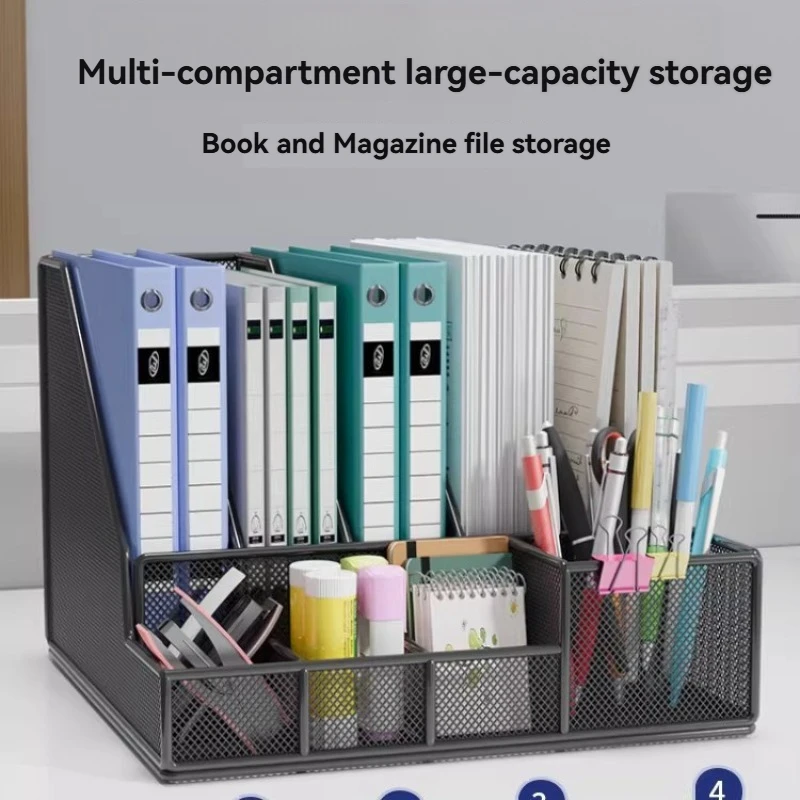 1PC Metal Mesh Desk File Organizer With Pen Holder Multi Compartment Bookstand Desktop Document Storage Rack Office Bookstand