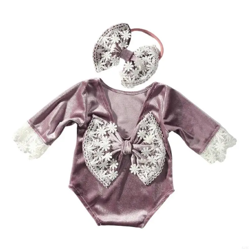 A5YC 2pcs Bowknot Headband and Romper Set Baby Photography Props Photoshooting Outfit