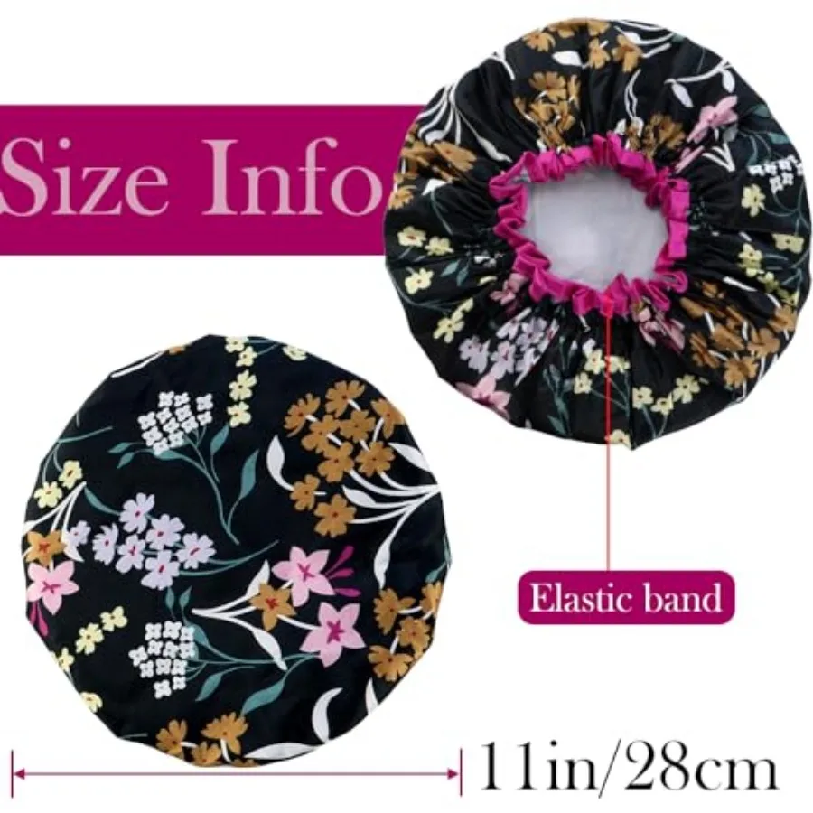 4 Pcs Reusable Waterproof Shower Hat with PEVA Lining Double Layers Elastic Satin Large Shower Caps Washable Shower Hats for Gi