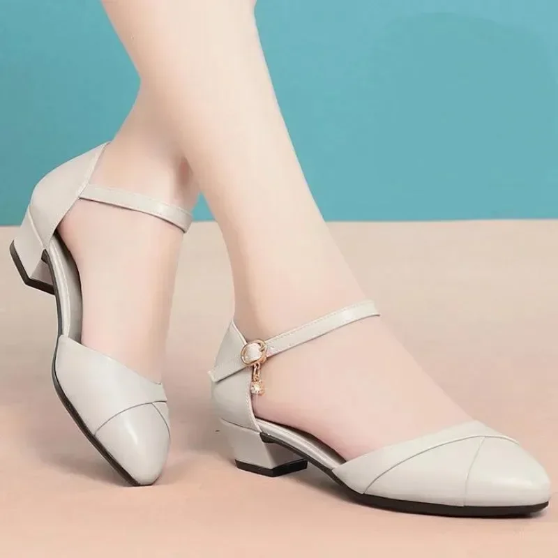 Soft Leather Thick Med Heels Pumps Mom\'s Shoes Summer New Buckle Strap Cover Head Sandal Soft Sole Hollow Office Career Shoe