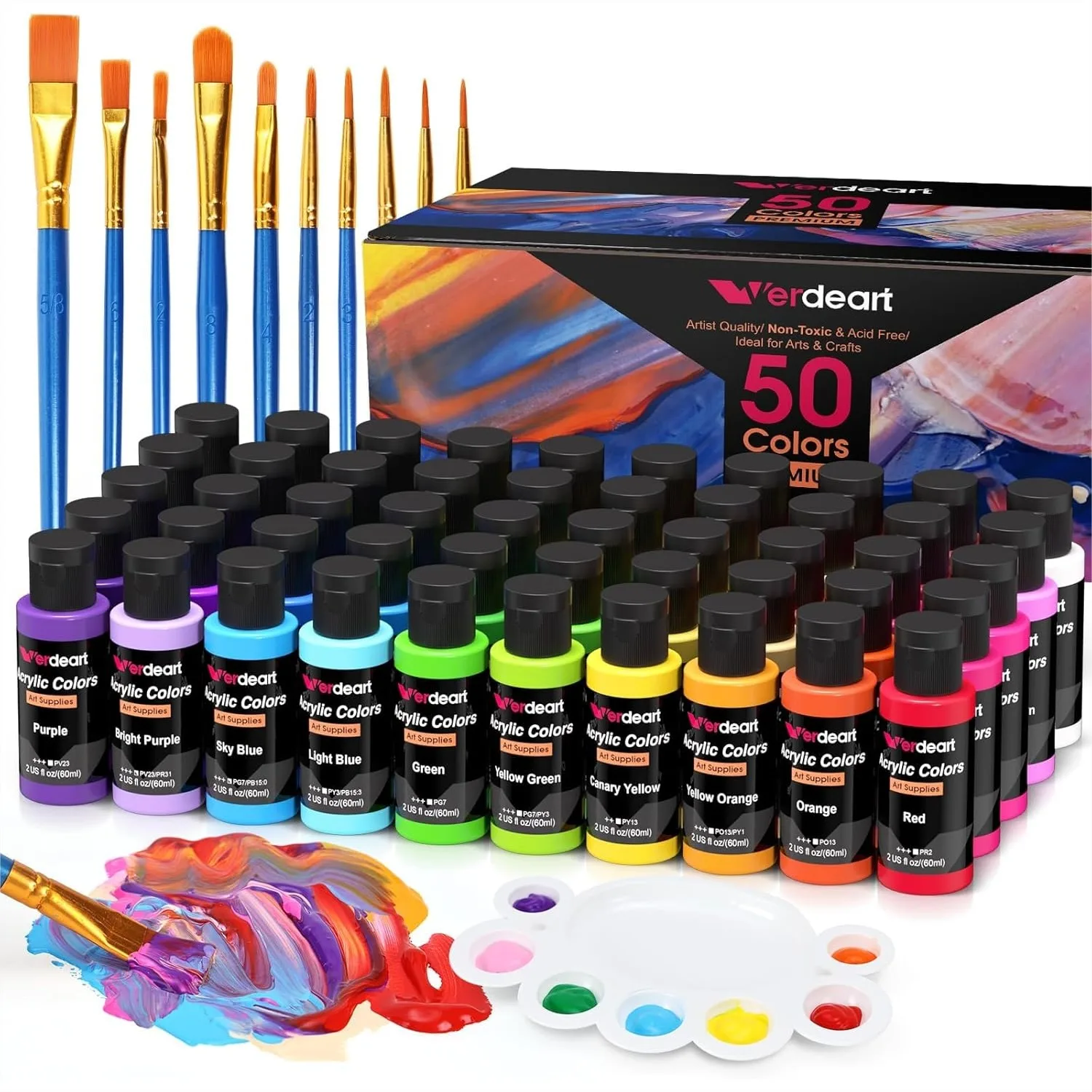 

50 Colors Acrylic Paint Set with 10 Brushes, 2oz/59ml Each, Non-Toxic Art Supplies for Canvas, Wood, Ceramic, Rock Painting