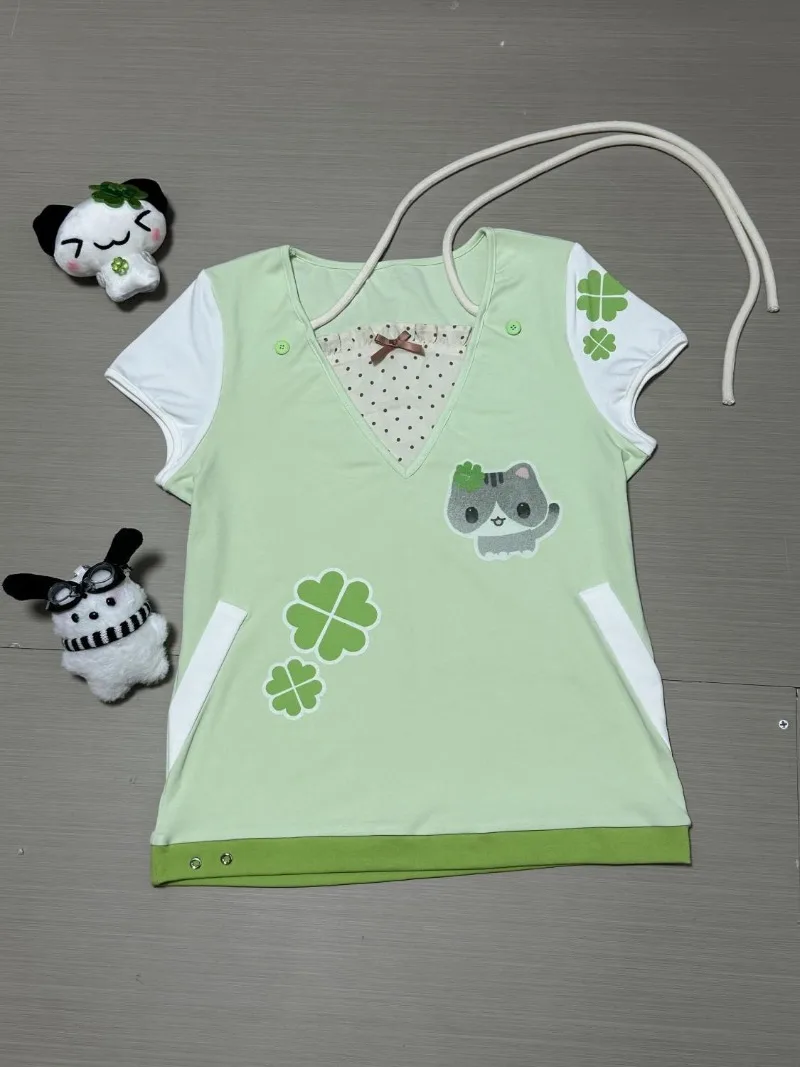 

Japanese Cute Girl Top Light Green Sweet Daughter Clothes Cat Printed Short Sleeve Shirts Summer Casual Adolescent Streetwear