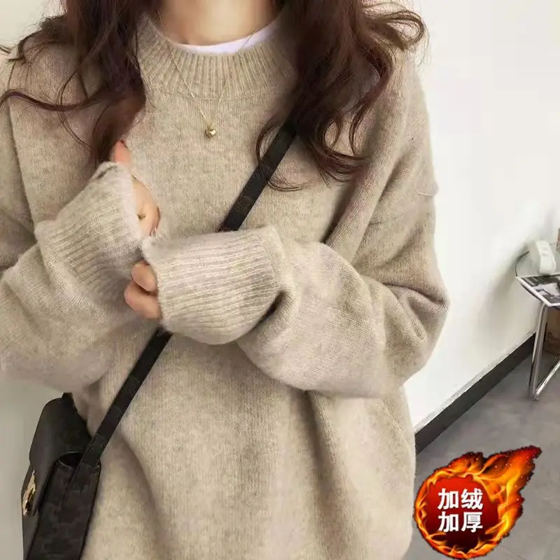 Vintage Women Solid Sweaters Autumn Winter O Neck Long Sleeve Pullovers Tops Korean Fashion Soft Thick Oversized Knitted Sweater