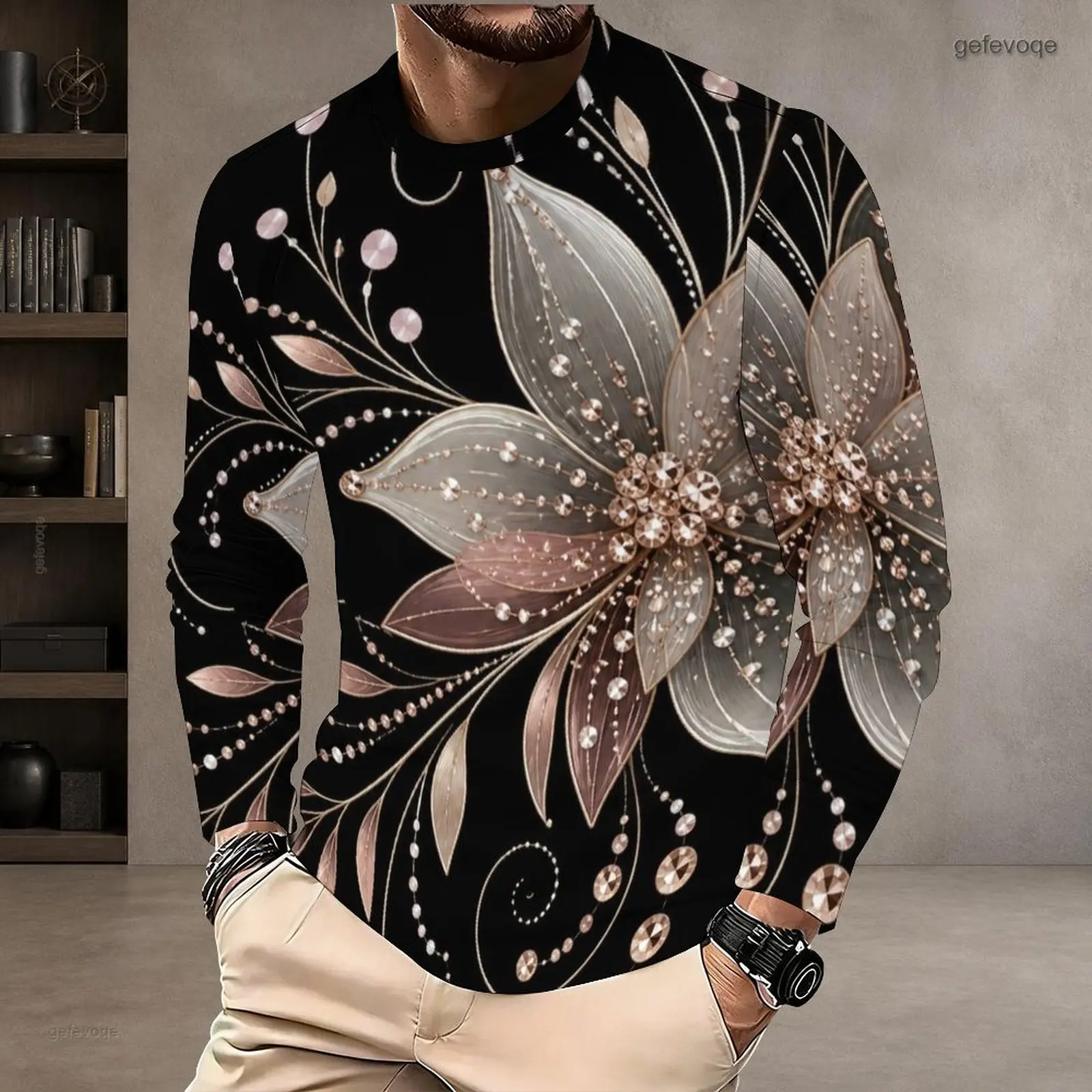Men's Printed Long Sleeve Round Neck T-Shirt, Black With Metallic Floral Gem Motif Pullover Top