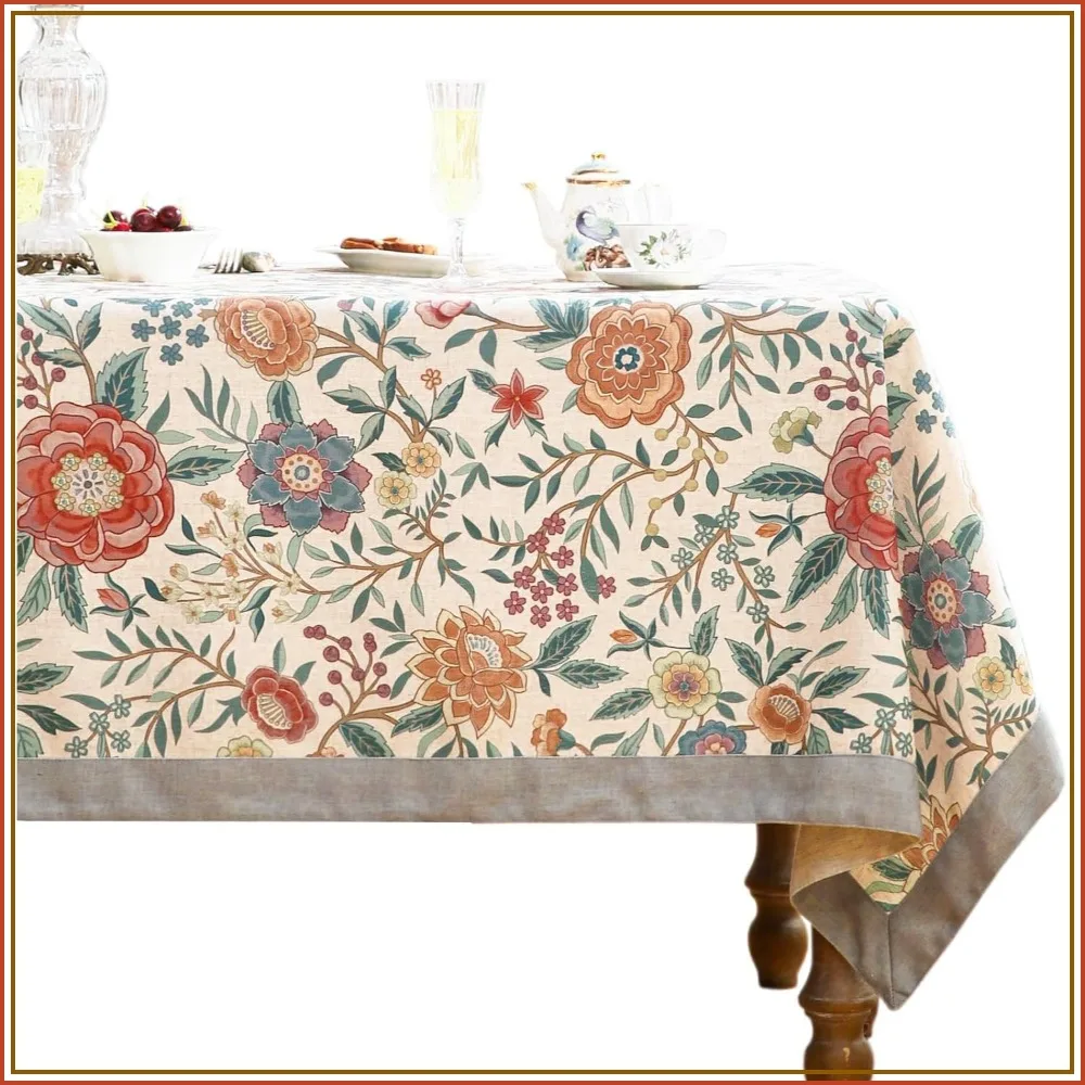 

Vintage Linen Rectangle Tablecloth, William Morris Floral Pattern, 63x102 Inches, for Kitchen, Dining, Thanksgiving, Christmas