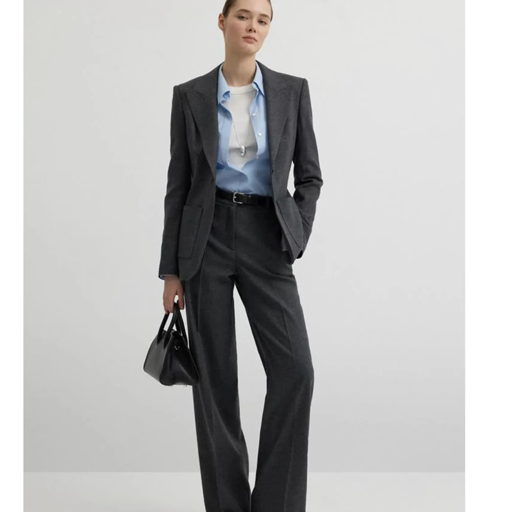 Dark Gray Tailored Single-Button Blazer  Wide-Leg Pants Set 2025 Women's Formal Office Suit  Oversized Blazer 2 Piece Outfit