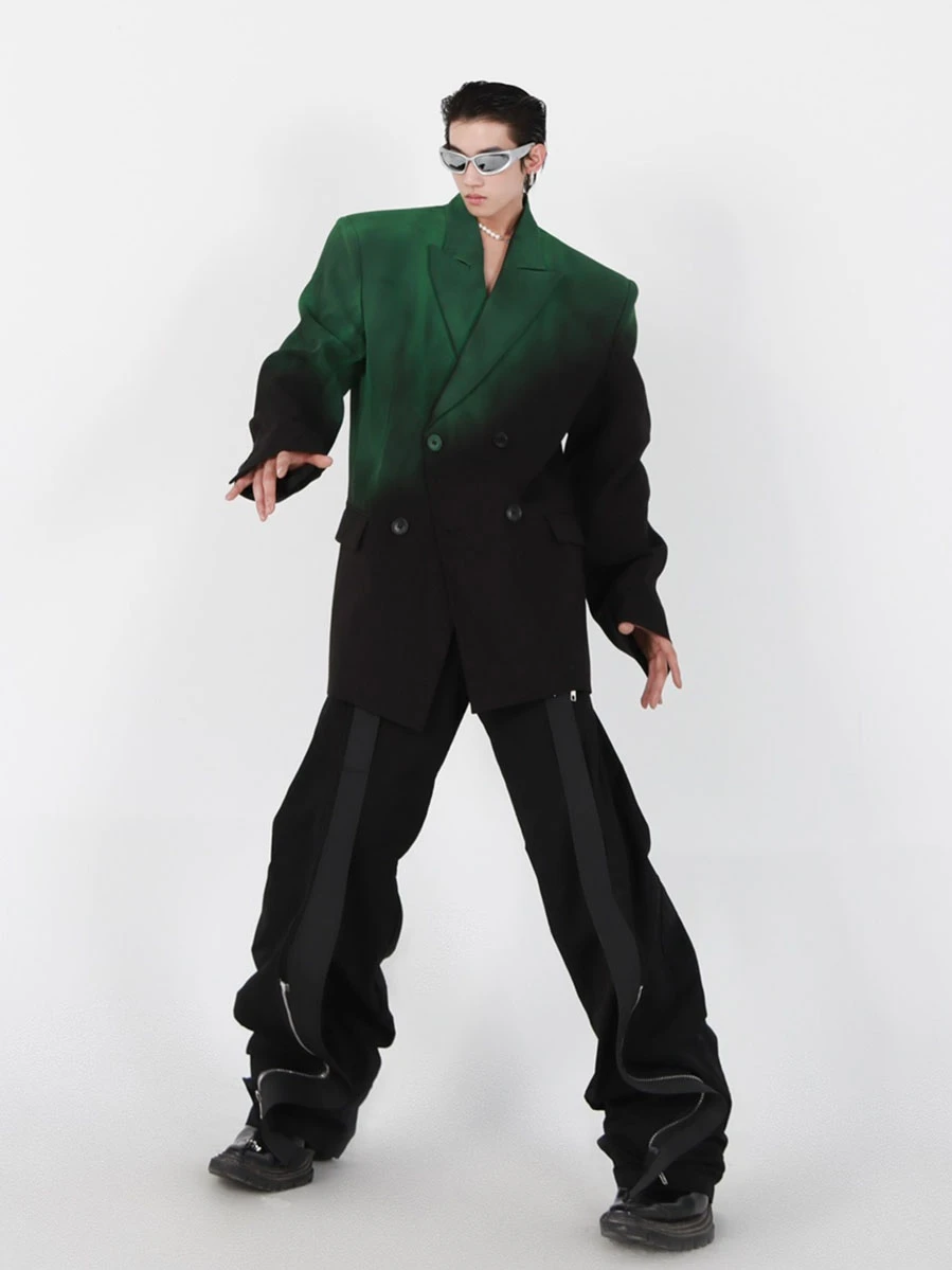 High Street Blazers Men's Black Green Gradient Shoulder Padded Silhouette Suit Jacket Loose and High-end Unisex Suit