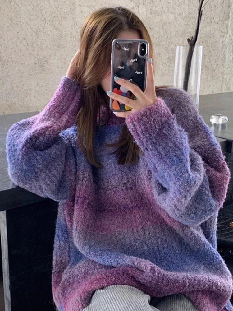 Autumn and Winter New Women's Design Tie Dyeing Knitted Loose Hoodie Round Neck Gradient Medium Length Outerwear Sweater  Jumper