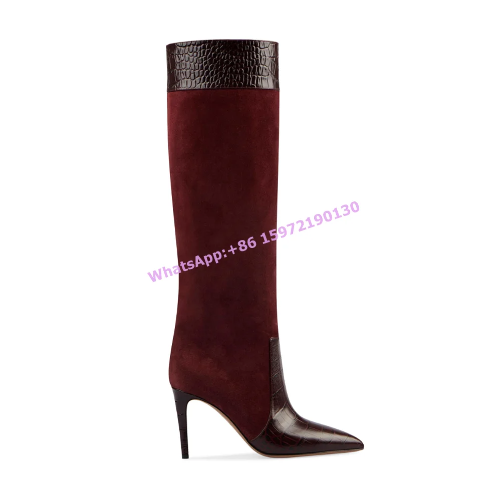 

Crocodile Pattern Patchwork Knee-High Boots Leather-Trimmed Suede Pointy Toe Thin Heels Slip On Boots Women's Luxury Boots