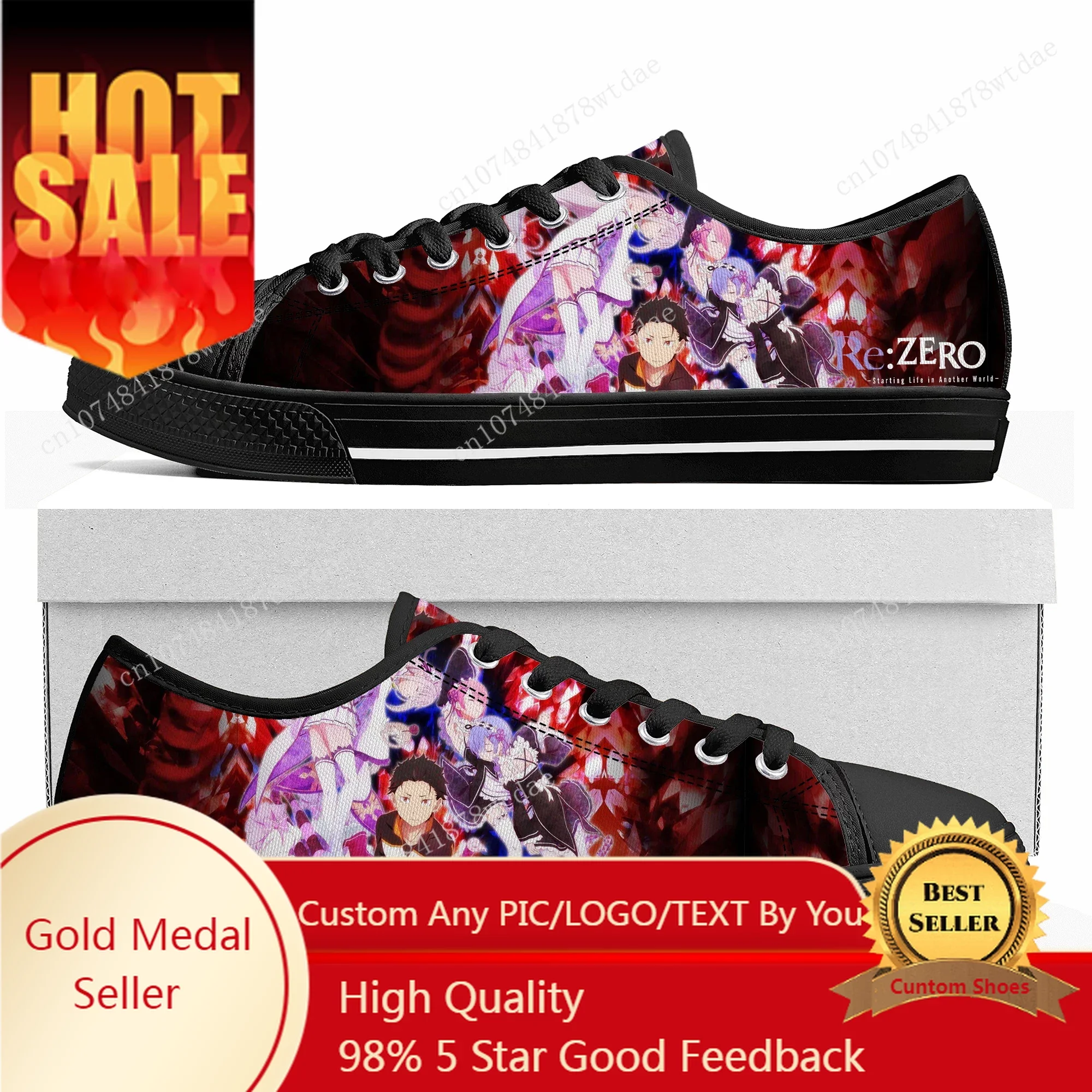 Re:Zero Low Top Sneakers Womens Mens Teenager Emilia High Quality Canvas Sneaker Casual Anime Manga Cartoon Customize Shoes