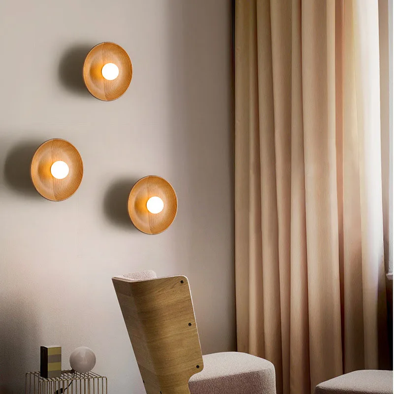 Retro Solid Wood Wall Lamp Round LED Wall Light Minimalist Wall Sconce for Bedroom Living Room Corridor TV Background Decor