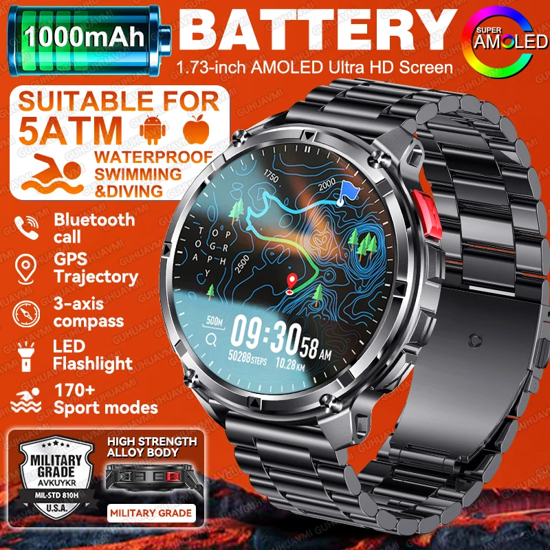 

2025 New Military 1100mAh Super Capacity Battery Smart Watch Outdoor RIDE Run 1.7" AMOLED Compass 5ATM Sport Smart Bracelets Men