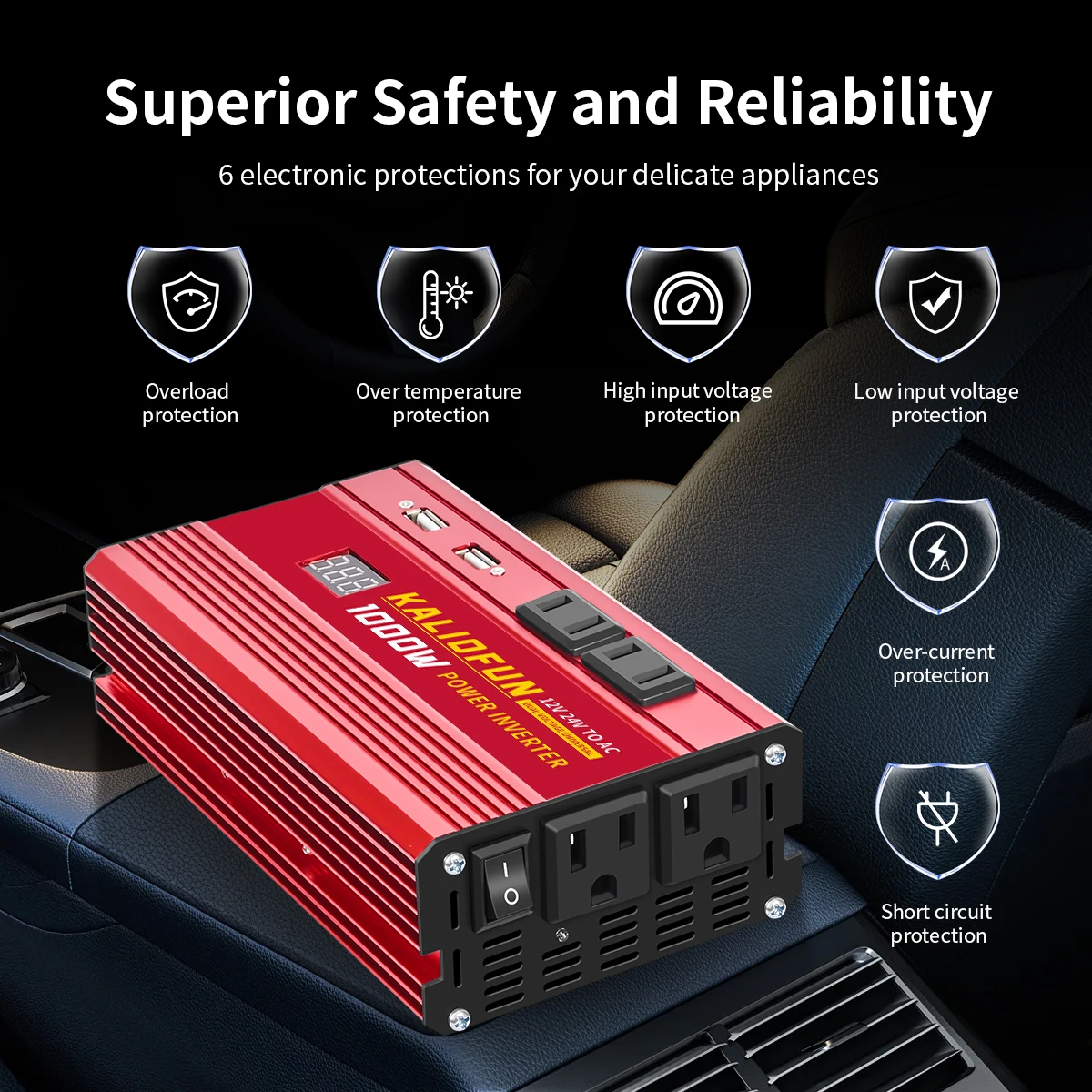 Modified sine wave inverter, American-style socket DC 12V 24V dual voltage to AC 110V, 1000W/2000W, 60HZ car power converter