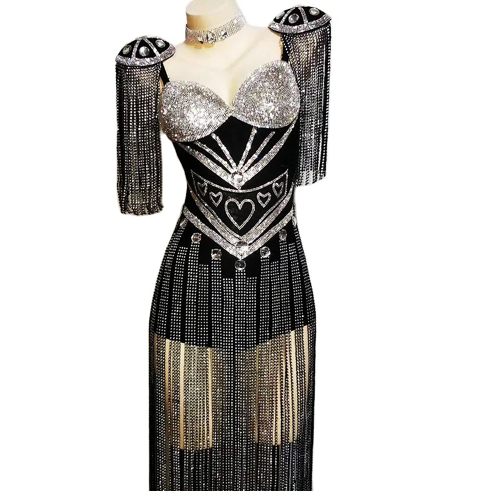 Shining Black Sequins Rhinestones Crystal Sexy Women Long Tassel Bodysuit Pole Dance Stage Costume Club Bar Party Cloth