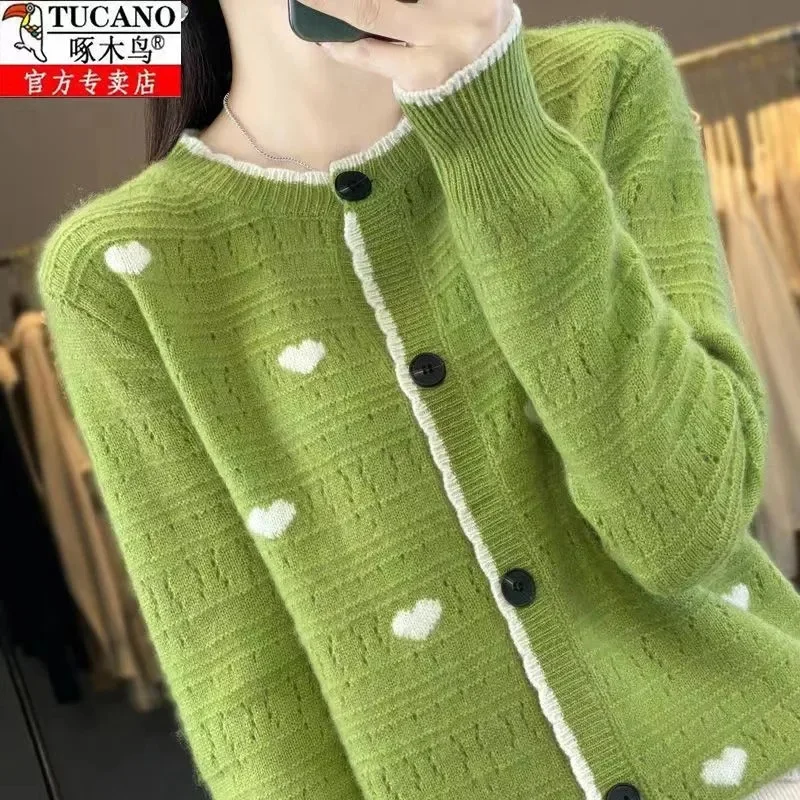 Autumn And Winter New Authentic Wool Cardigan Women's Round Neck Color Matching Long-Sleeved Knitted Sweater Loose Fashion Top