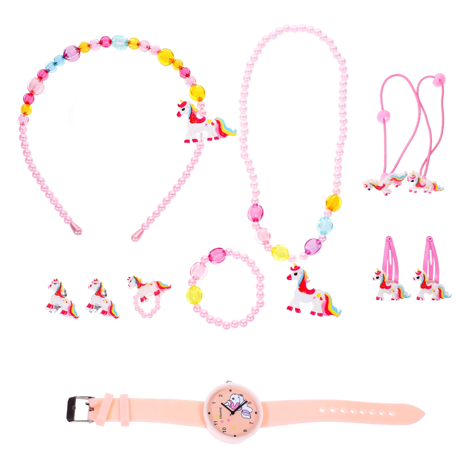 

11 Pieces Kids Jewelry Set Unicorn Watch Bracelet Necklace Hair Accessories for Girls PVC Plastic Cute Fashion