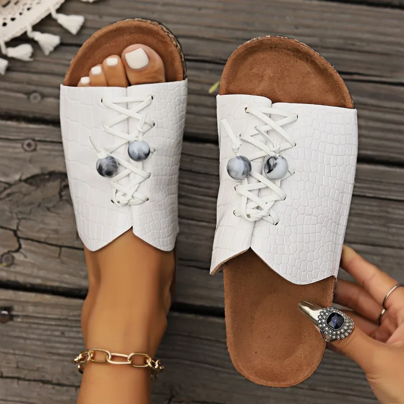 Women's Slippers Summer New Thick Bottom Round Head Check Lace-up Sandals Casual Fashion Increase Innovation Non-slip Slippers