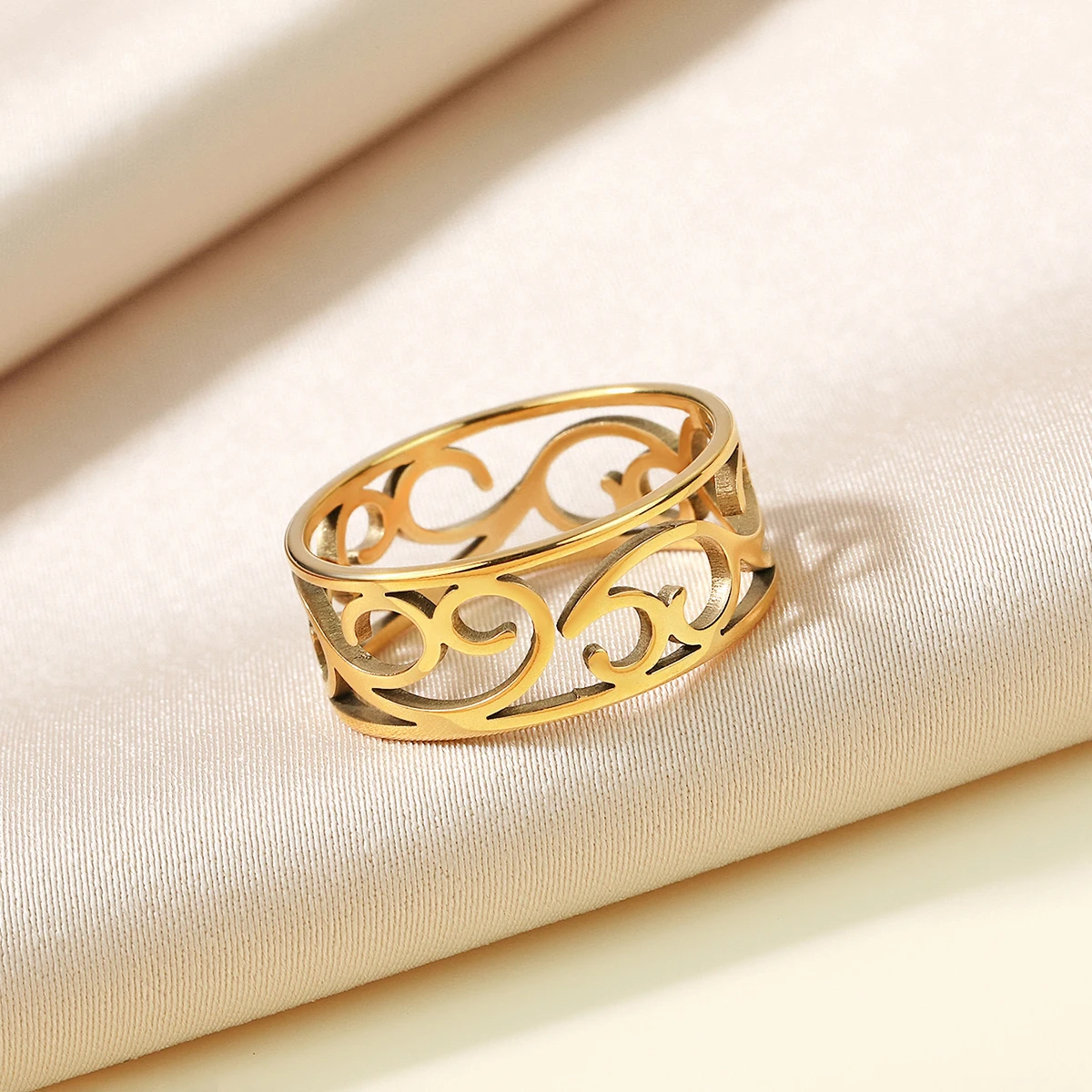Chandler Stainless Steel Flower of Life Ring Vintage Hollow Ring Gold Filled Ring for Men and Women