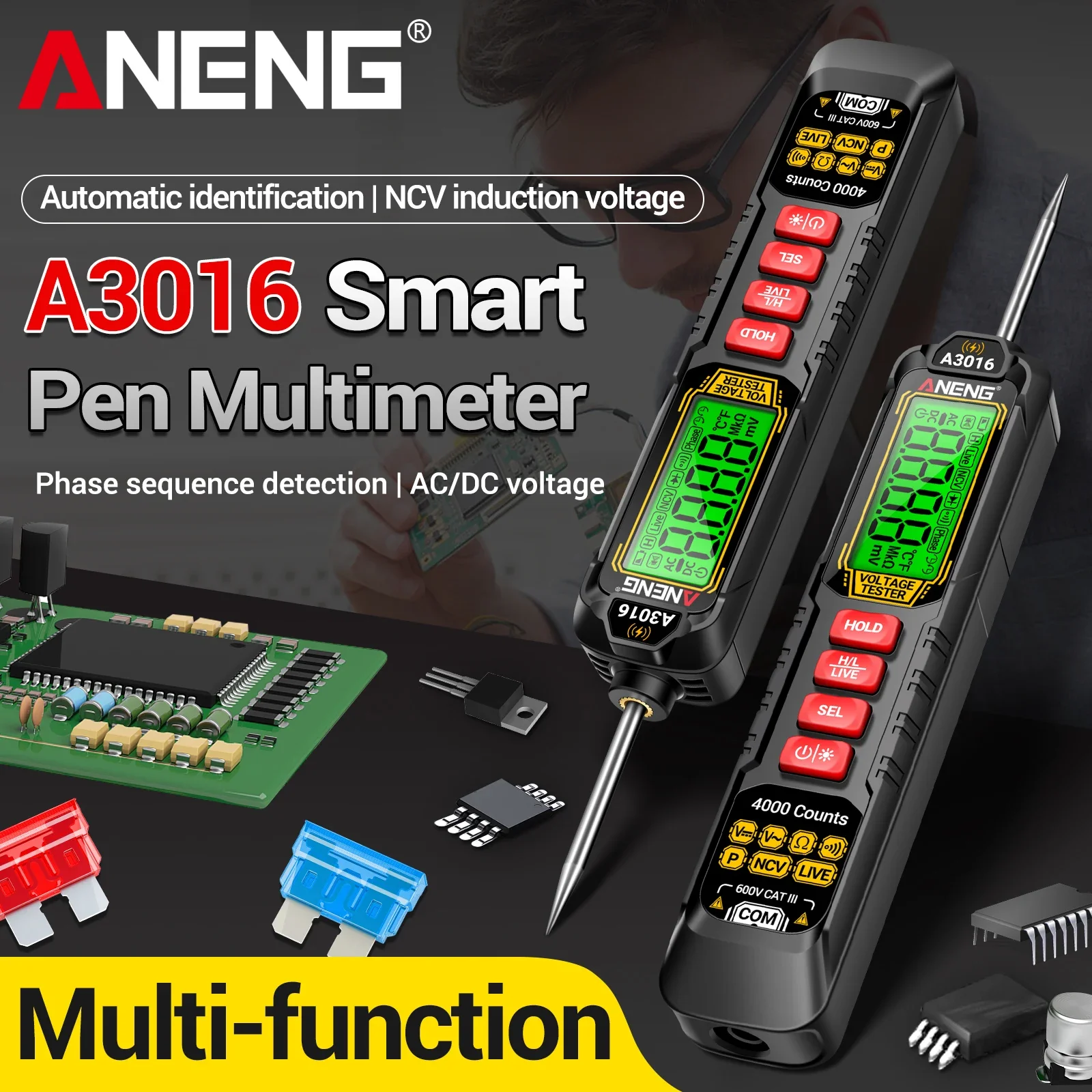ANENG A3016 Voltage Tester Pen 4000 Counts 600V AC/DC NCV Continuity Phase Sequence Detector for Electricians with Backlight