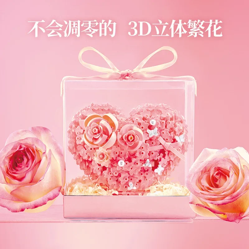 أزهار إبداعية على شكل قلب زهرة بناء الالعاب العملاقة الوردي الأبدية باقة الورد لتقوم بها بنفسك تجميع لعبة الطوب للفتيات امرأة الهدايا #2