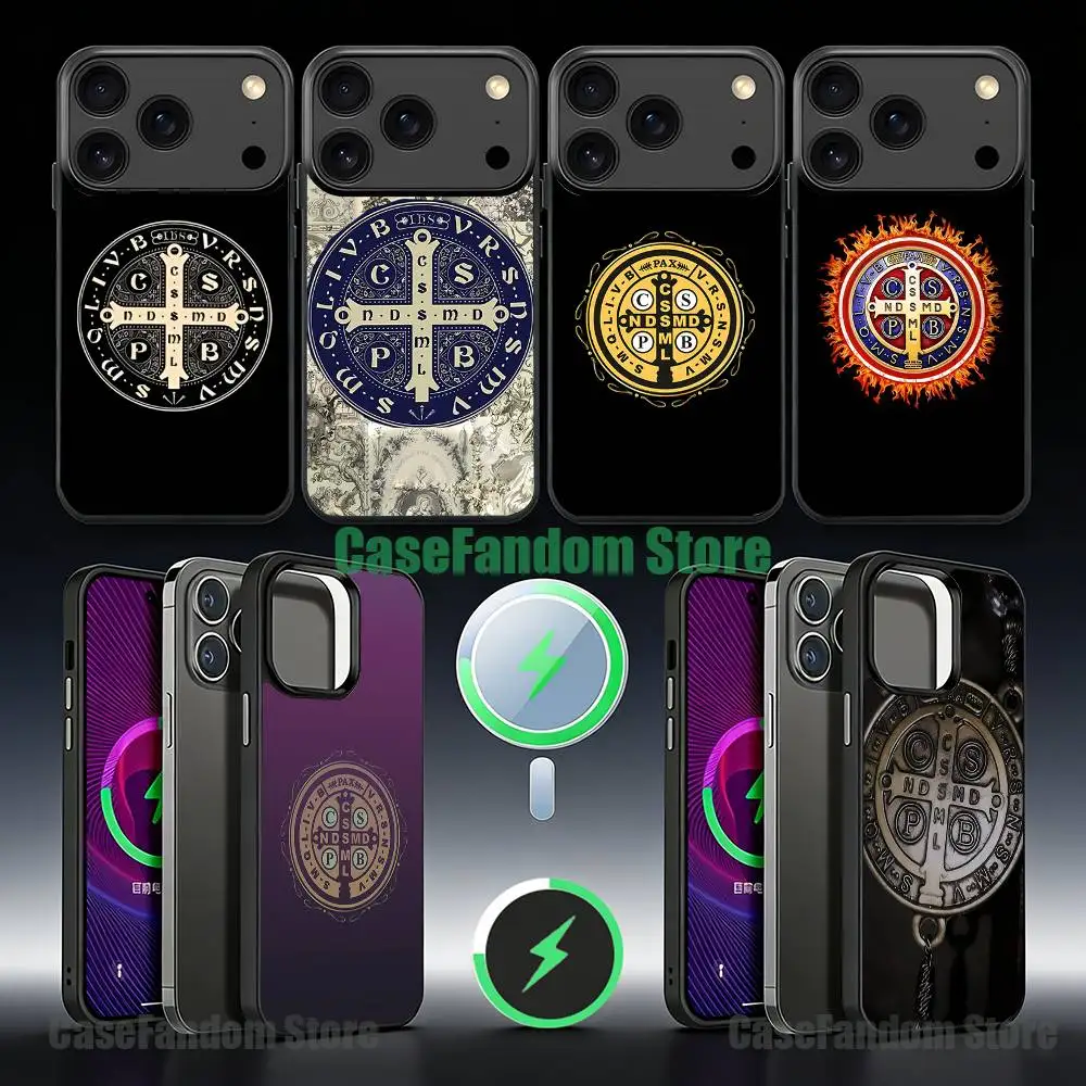 

Saint Benedict OF Nursia For iPhone 17,16,15,14,13,12,11,Pro,Max,Plus,Mini,SE Magnetic Wireless Charging Black Phone Case