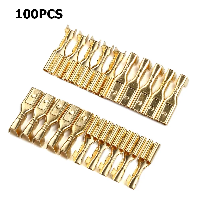 100Pcs Gold Brass Female Crimp Terminal Connector Set Terminal Blocks Car Speaker Electric Wire Connectors Set 2.8/4.8/6.3mm